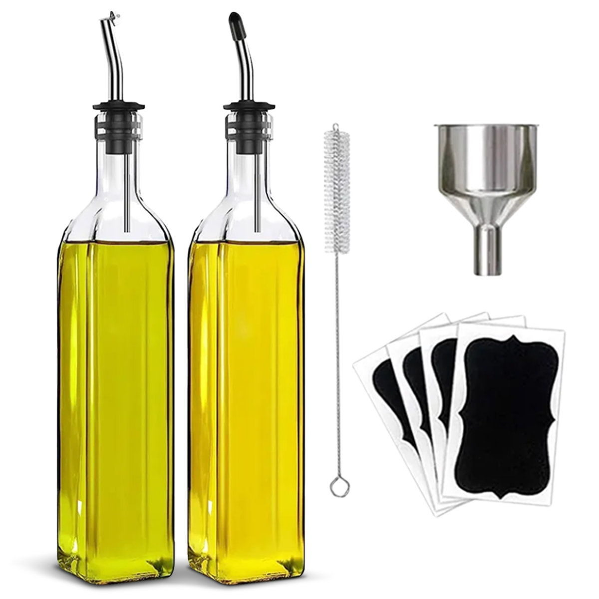 2 Piece Glass Olive Oil Dispenser Set with Pour Spouts Funnel and Labels